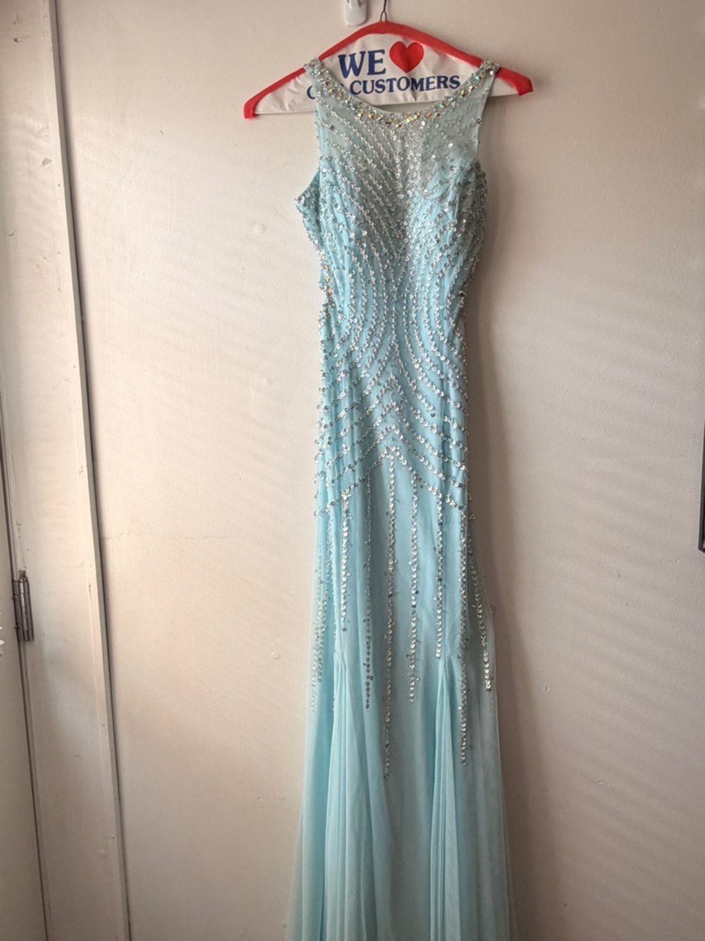 Sleeveless Beaded Light Blue Prom Gown